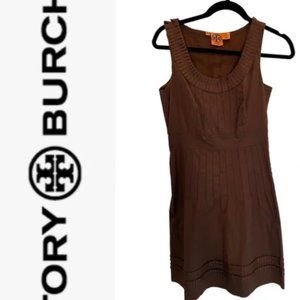 Tory Burch Sleeveless Pleated Layered Detail Lined Coffee Brown Dress